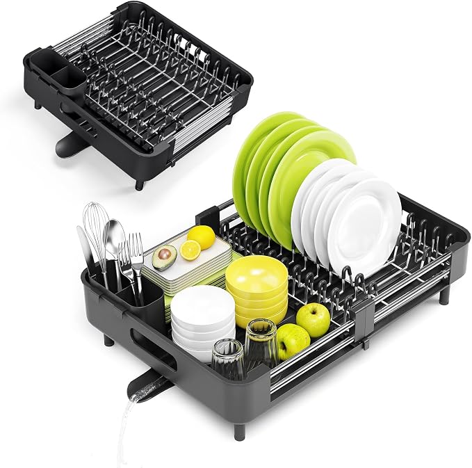 Urackify Extendable Stainless Dish Drying Rack for Kitchen Counter, Black | 13.78"W x 18.7"L, Foldable Drainboard for Space Saving, Knife and Utensil Holder, Fast-draining Spout