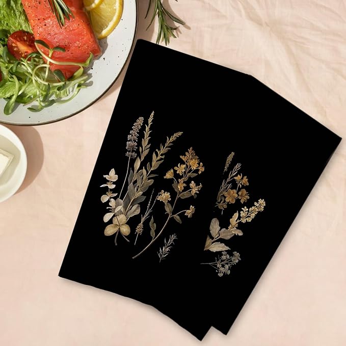 Boho Vintage Botanical Kitchen Towels Set of 2, Rustic Elegant Floral Dish Tea Towels for Kitchen Decor, Dark Cottagecore Flower Plants Hand Towels for Bathroom Decor, 16x24 Inches