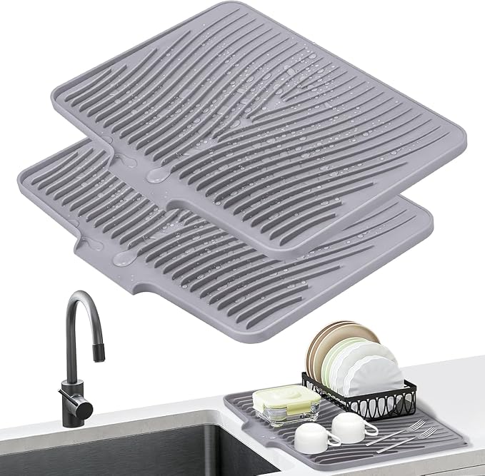 Silicone Dish Drying Mat for Kitchen counter | 19.7"x17" Dish Drainer Mat,Heat-Resistant Kitchen Counter Mat & Over-Sink Drying Tray, Can Be Hung,Grey-2pcs-L