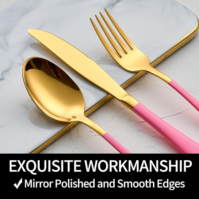 20-Pieces Gold and Pink Silverware Sets for 4,Pink Handle Stainless Steel Cutlery Set, Include Forks Spoons and Knives Set, Dishwasher Safe Utensil Sets for Home Restaurant