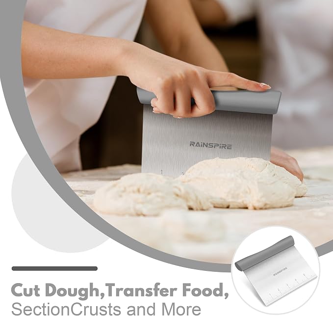 Upgraded 304 Stainless Steel Multi-Purpose Bench Scraper with Measurement Marks, Dishwasher Safe, Dough Cutter for Pizza, Bread and Cookie Dough Vegetable Chopper, Baking Supplies (Grey)