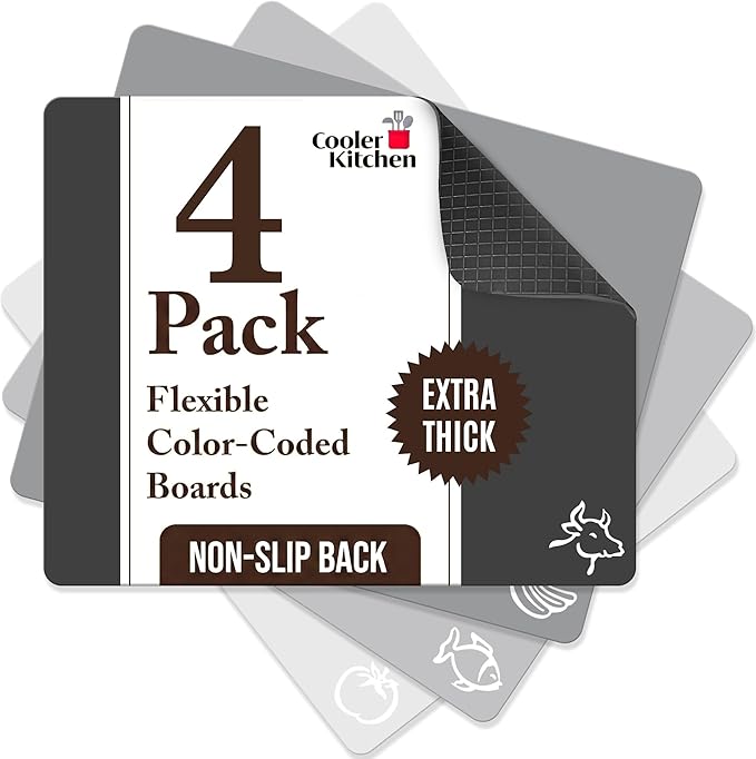 Cooler Kitchen Extra Thick Flexible Cutting Mat Set With Food Icons & EZ-Grip Back (Set Of 4 Mats) - Flexible Cutting Boards for Kitchen - Flexible Plastic Cutting Board Set (Black and White)…
