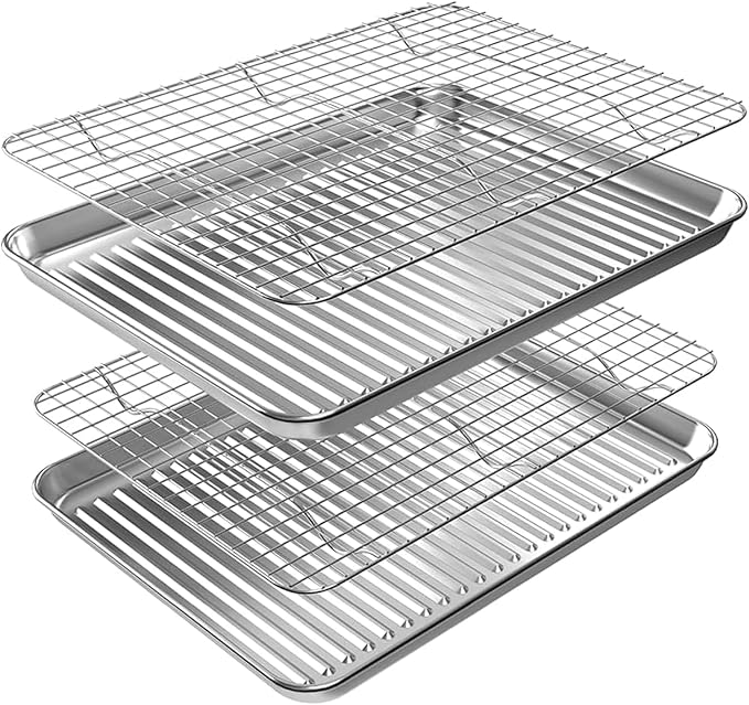 Half Baking Sheet Pan Cooling Rack Set, Stainless Steel 2 Pans + 2 Racks | 18x12x1 Inches Baking Sheet Pan with Nonstick, Warp Resistant, Heavy Duty Design for Baking, Roasting, and Cooking