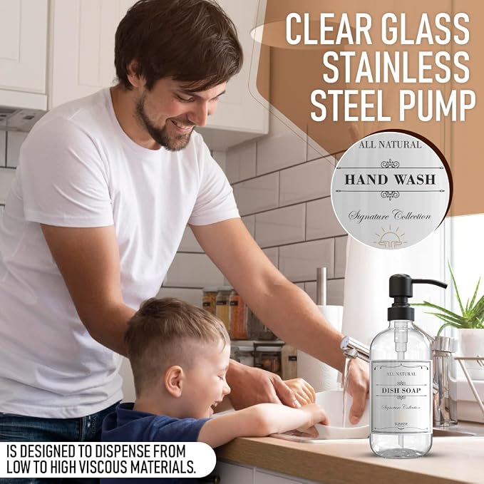 Clear Glass Soap Dispenser with Pump, 16 oz | Clear Glass, Matte Black Stainless Steel Pump, Bathroom and Kitchen Sink use, 6 Waterproof Labels, (Pack of 2)
