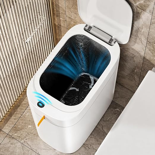 MUEE 3.5 Gal Automatic Bagging Bathroom Trash Can, Motion Sensor, White | Slim rechargeable design for bedrooms, offices and compact spaces; Type-C charging, liner suction and one-touch bag gathering