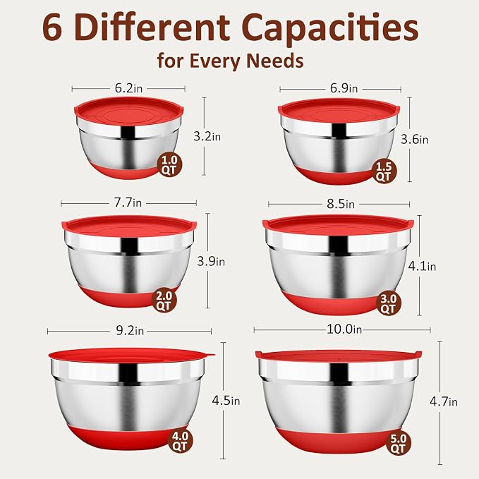 9 Pack Mixing Bowls with Airtight Lids & Grater Attachments, Red | Stainless Steel Bowl, Non-slip Bases, Nesting Kitchen Bowl, Size 5, 4, 3, 2, 1.5,1QT,for Food Prep, Baking, Storage & Serving