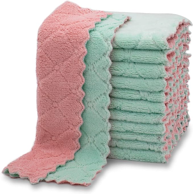 kimteny 12 Pack Dish Cloths for Washing Dishes | Super Absorbent Microfiber Kitchen Dish Rags, Fast Drying Coral Velvet Dish Cloths for Kitchen Counter and Dishes, Pink-Green