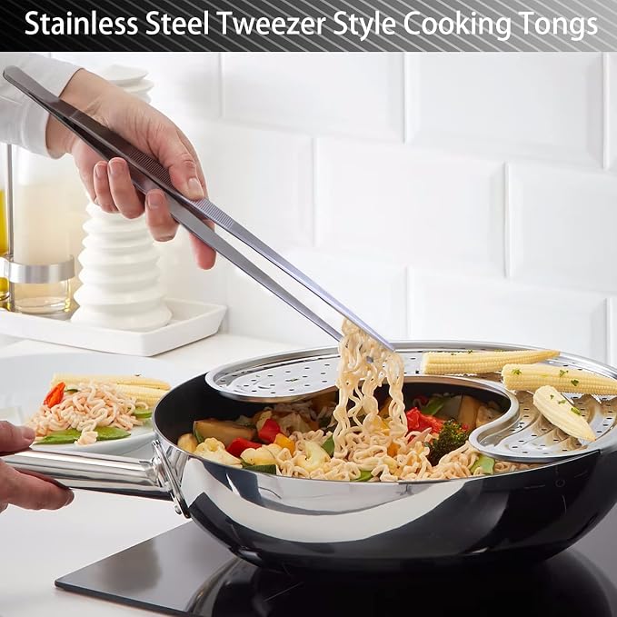 JETKONG 2 Pcs 10-Inch Cooking Tweezers Stainless Steel, Straight Food Tweezers, Professional Kitchen Forceps for Cooking Repairing and BBQ (Silver)