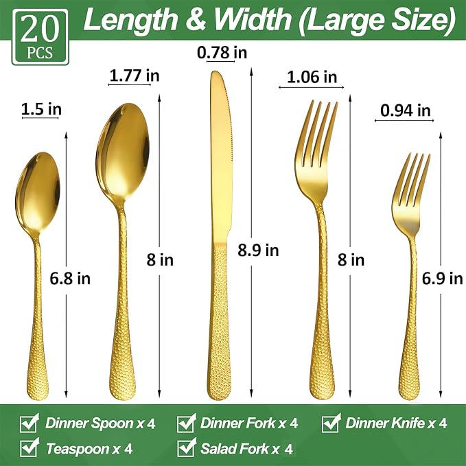 20 Pcs Gold Silverware Set for 4, Food Grade Stainless Steel Flatware Set, Eating Utensils Sets Include Fork/Knife/Spoon, Reusable Cutlery Set for Home Kitchen, Dishwasher Safe, Wave Hammered
