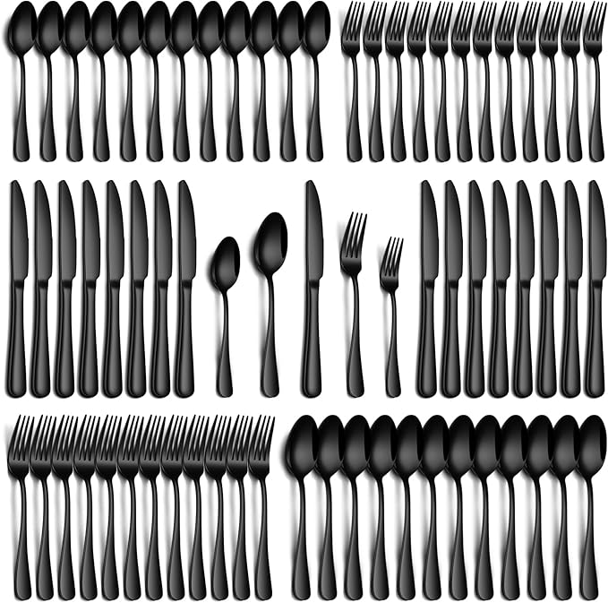PHILIPALA 60 Piece Black Silverware Set, Stainless Steel Flatware Set for 12 Food Grade Cutlery Utensil Set Include Knife Fork Spoon Mirror Polished Dishwasher Safe