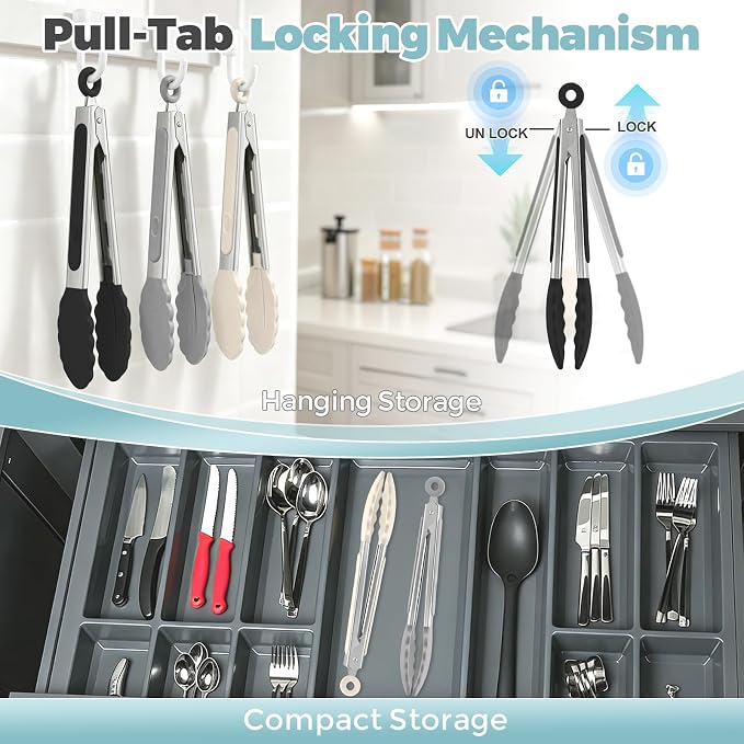Small Cooking Tongs 7 inch Mini Serving Tongs with Silicone Tips, Set of 3 (Black + Grey + White)
