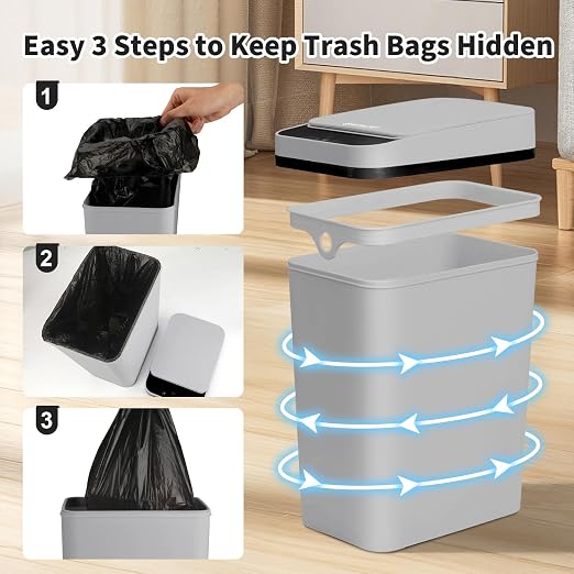3 Pack Bathroom Trash Can with Lid, 2.5 Gallon Small Slim Trashcan, Automatic Trash Can Touchless, Motion Sensor Waterproof Plastic Trash Bin for Bedroom Kitchen Office Living Room (Black+Gray+White)
