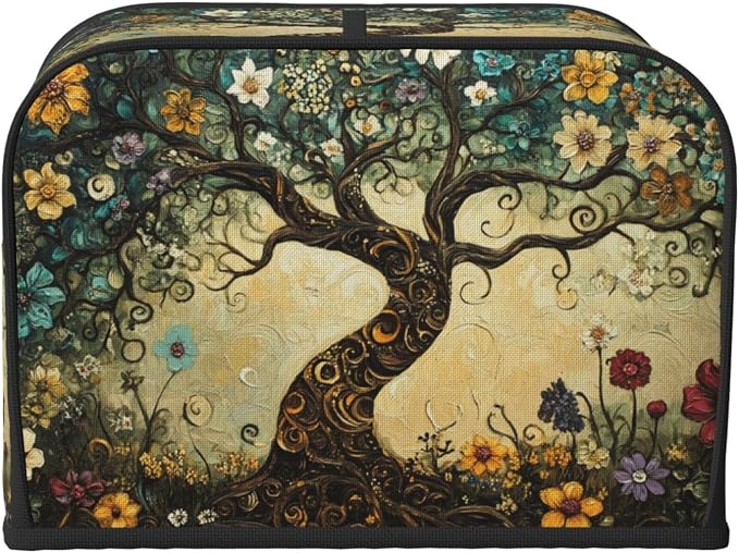 4 Slice Toaster Cover Whimsical Tree Flower Dust Proof Washable Kitchen Appliance Cover with Pocket, Oxford Fabric Countertop Toaster Protector for Standard Toasters Small Appliances