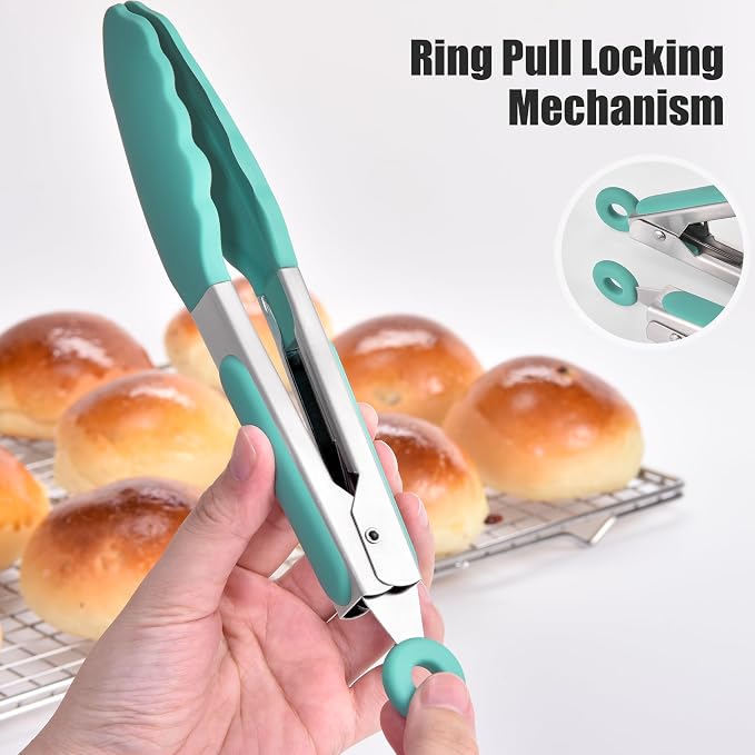 Doosu Kitchen Tongs with Silicone Tips for Cooking Serving (7in, Aqua Sky) | 600°F Heat Resistant Food Tong, Heavy Duty Stainless Steel Locking Tong for BBQ, Grilling Steak, Salad, Toast, Pasta