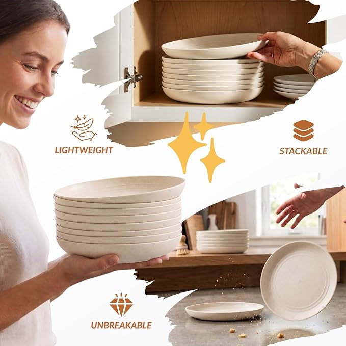 Dessert Plates - 8 Inch Wheat Straw Plates Set, Dinner Plates Set of 8, Appetizer Plates, Lightweight Unbreakable Plates, Microwave Safe Plates, Deep Plates for Dinner - Beige