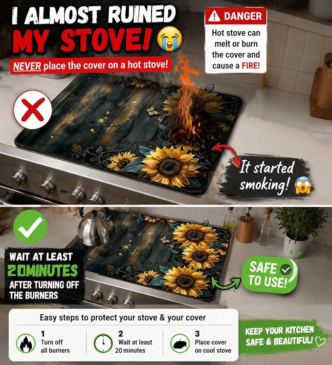 Electric Stove Top Cover for Glass Top, Sunflower Farmhouse Decor – Heat Resistant Flat Stove Top Covers, Decorative Scratch Protector Mat for Glass Ceramic Cooktop, Non-Slip, 28"x20"