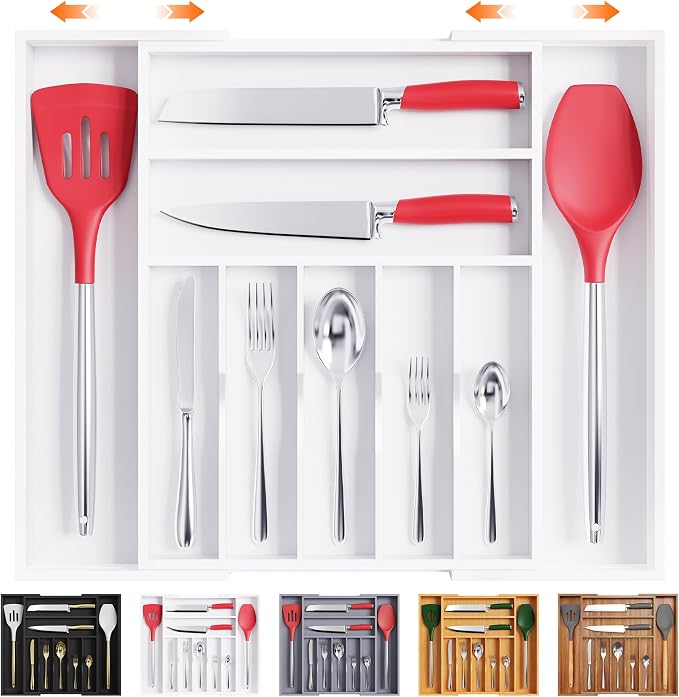 Large Premium Bamboo Silverware Organizer - Expandable Utensil Drawer Organizer - 17"x19.6" Utensil Holder and Cutlery Tray with Grooved for Kitchen Flatware and Utensils(7-9 Slot, White)