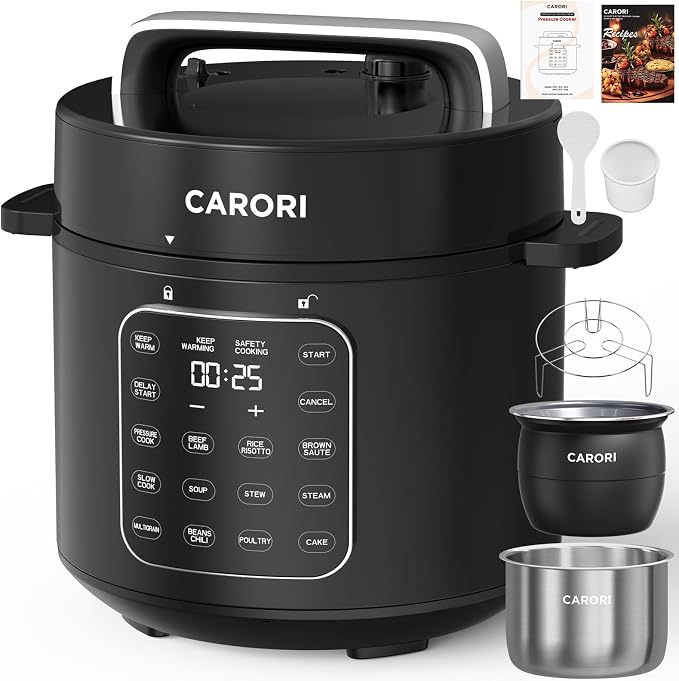 CARORI 6 Qt Electric Pressure Cooker, 9-in-1 Multi-Cooker with 2 Inner Pots, 6 Qt Stainless Steel Pot and 5 Qt Ceramic Nonstick Pot, 12 Presets, IMD Touchscreen, Black
