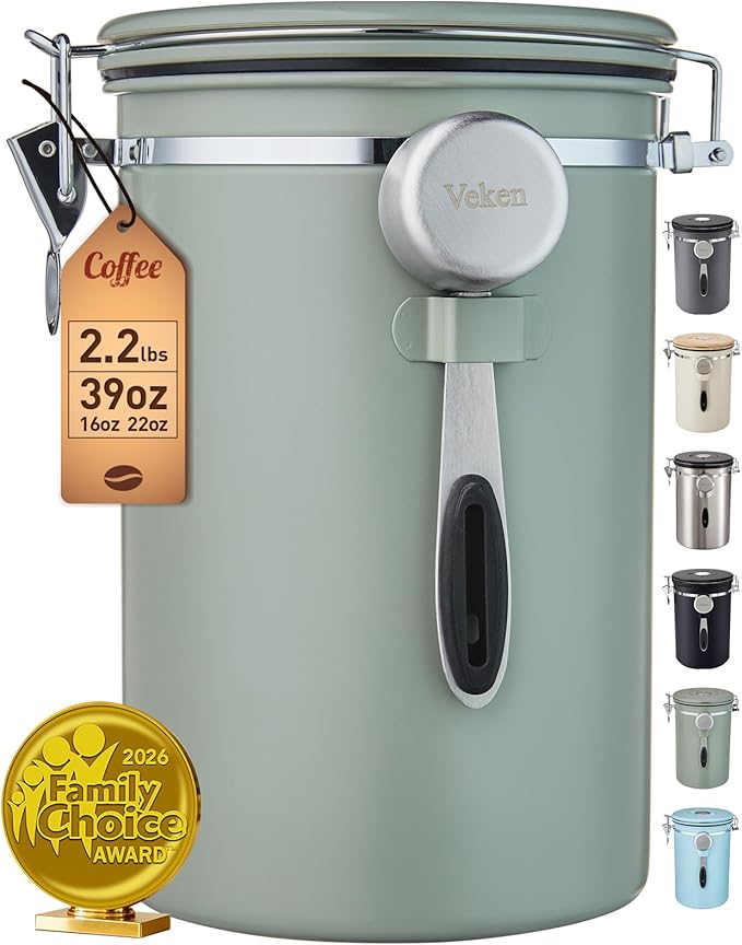 Veken Coffee Canister,39OZ, 2.2lbs,Large Airtight Stainless Steel Container | Date Tracker, Kitchen Food Storage Jars for Beans,Ground, Espresso, Rice,Tea, Sugar, Cereal, Cookie,Gifts, Lids, Scoop, Green
