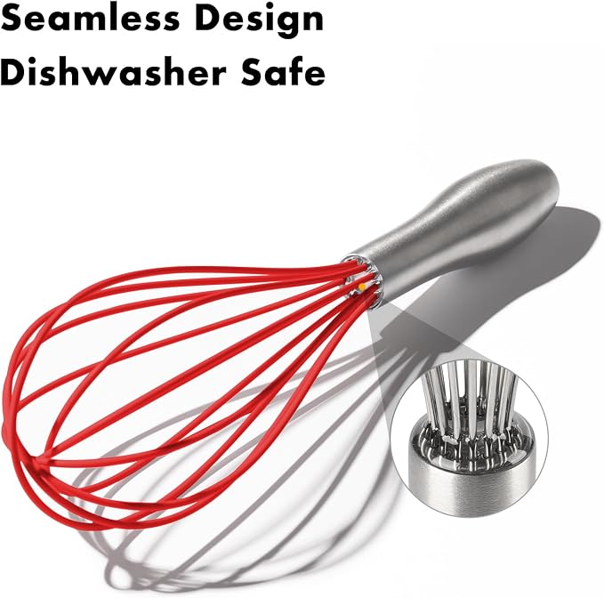 OYV 10-Inch Red Silicone Whisk, Non-Scratch, 18/10 Stainless Steel Handle | 480°F Heat Resistant, BPA-Free Silicone, Sealed Waterproof Handle, Nonstick-Safe, Dishwasher Safe