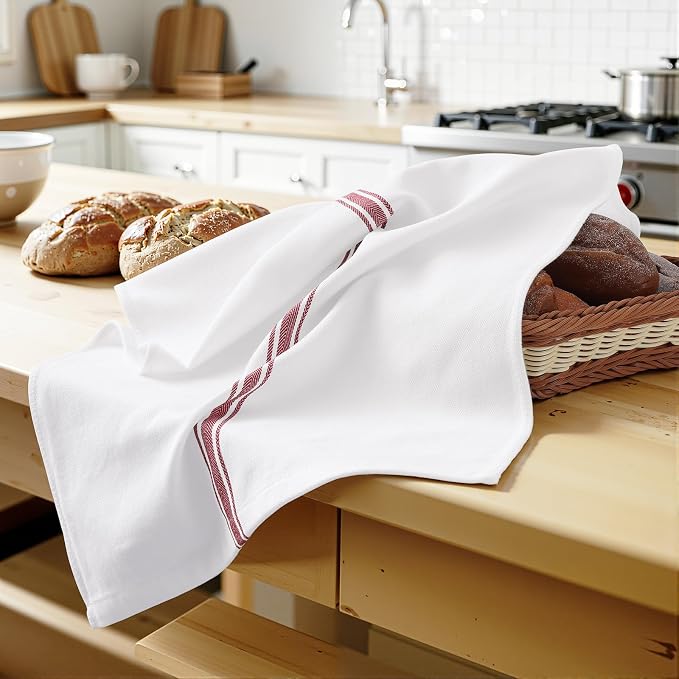 Homaxy 100% Ring Spun Cotton Kitchen Towels 6 Pack, Red Stripe | 15 x 25 Inch, Highly Absorbent Dish Towels for Kitchen Drying, Reusable Cleaning Cloths, Soft Tea Towels with Hanging Loop