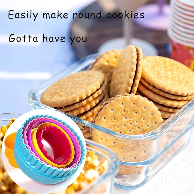 Cookie Biscuit Cutter Set, Two Side Cookie Cutters Plastic Set Multi-size Cake Fruit Vegetable Shapes Cutter Random color (Round Shaped, 6 Pack)