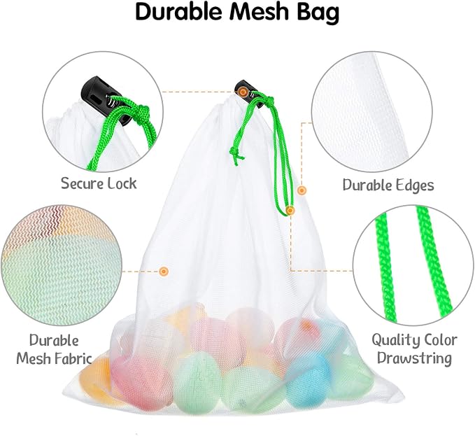 Frienda 20 Pieces Reusable Produce Bags Mesh Pouch Toy Storage Bags Drawstring Washable Organization 5 Large 8 Medium 7 Small for School Office, Puzzles Games Storage(Blue, Green, Red)