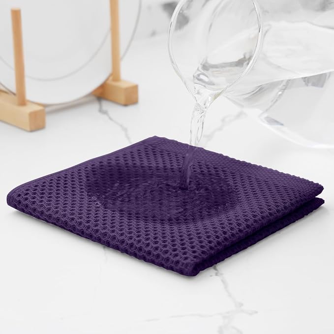 Kitinjoy 100% Cotton Waffle 6-Pack Kitchen Towels, 12" x 12", Eggplant | Ultra Absorbent, Super Soft, lightweight, Quick Drying Dish Rags for Washing Dishes