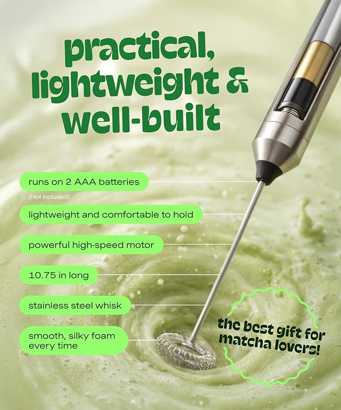 Matcha DNA Handheld Milk Frother Wand, Electric Stainless Steel Whisk Mixer | Stainless Steel Whisk, Lightweight Battery-Operated Design, Mixes Coffee, Matcha Lattes, Protein Shakes & Other Drinks