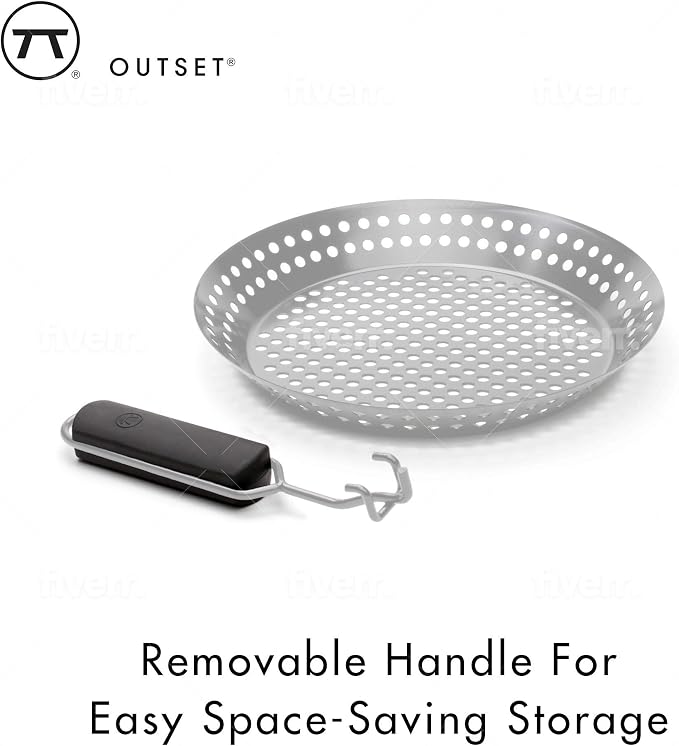 Outset Grill Skillet With Removable Handle, Stainless Steel | Removable Handle So The Pan Can Be Left In The Oven Or Grill | Perfect For Seafood, Veggies & More | Enhance Flavors