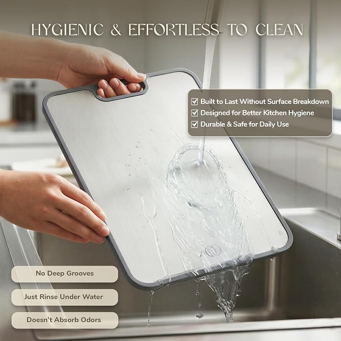 Titanium Cutting Board Double-Sided 2-in-1 (99.9% Titanium + PP), 15" x 10", with Accessories (Finger Guard, Glove, Thumb Knives) - Kitchen Metal Chopping Board for Meat, Fruits & Vegetables