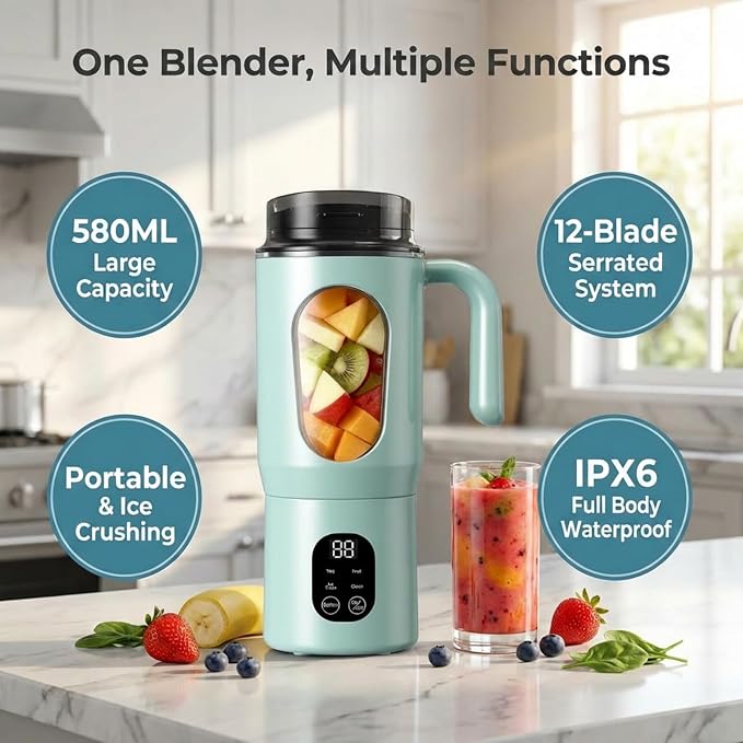 Lilogi 580ML Portable Blender with LED Display, 12-Blade USB-C Rechargeable Travel Blender with Handle & Extra Lid, Ideal for Kitchen, Office, Gym & Outdoor Sports