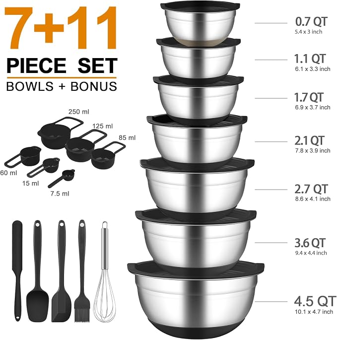 Mixing Bowls with Airtight Lids, 18pcs Stainless Steel Mixing Bowls Set | Nesting Non-slip Silicone Bowls Bottom, Size 4.5, 3.6, 2.7, 2.1, 1.7, 1.1, 0.7 qt, Fit for Mixing & Serving(Black)