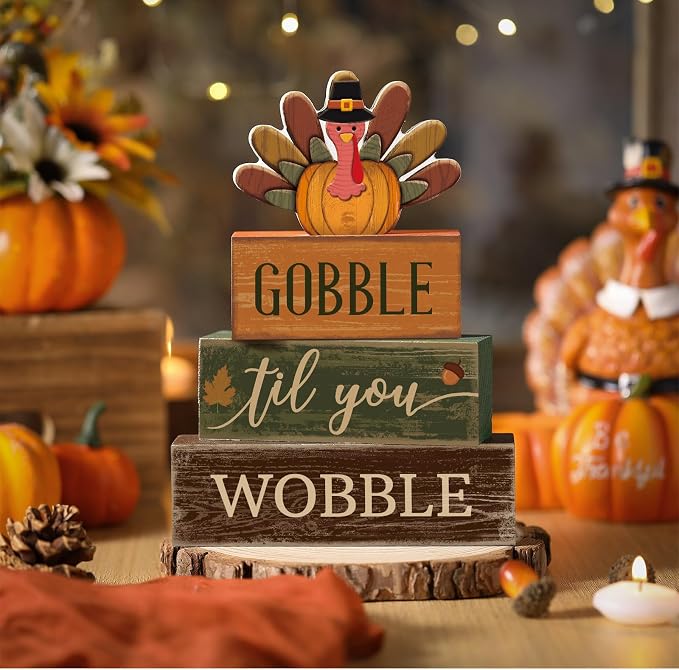 Lineshading Wooden Turkey Thanksgiving Decor Gobble Fall Table Sign Rustic | Stacked Blocks with Wobble Phrase, Rustic Farmhouse Style for Tiered Tray Centerpiece, Harvest Autumn Kitchen Table Accents