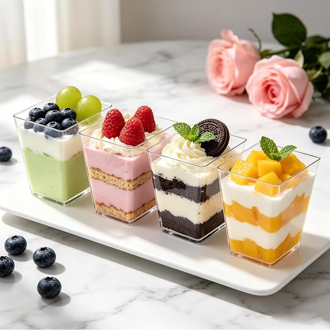 Ginkgo 100 Pack (200 Pieces) 5 oz Plastic Dessert Cups with Spoons | Dual-Shape Disposable Clear Square & Stemmed Cups, Mini Parfait Cups for Appetizer, Pudding, Yogurt, Fruit & Jello Shots