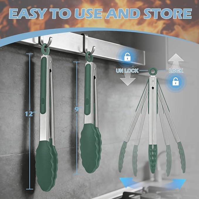 Stainless Steel Kitchen Tongs with Silicone Tips, Locking Grilling Food Tongs, 9" and 12", Set of 2 Dark Green
