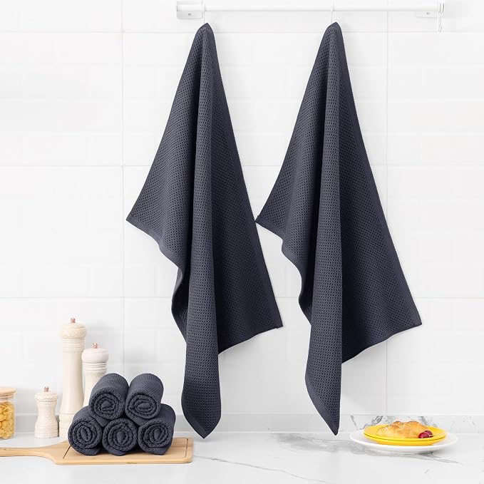 Kitinjoy 100% Cotton Waffle 4-Pack Kitchen Towels, 20" x 28", Dark Grey | Super Soft, Ultra-Absorbent, Fast Drying, lightweight, Quick Drying Kitchen Hand Towels