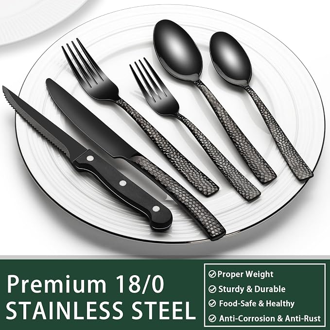 EWFEN 24-Piece Black Silverware Set with Steak Knives, Black Flatware Set for 4, Food-Grade Stainless Steel Tableware Cutlery Set, Mirror Finished Utensil Sets for Home Restaurant, Wave Hammered