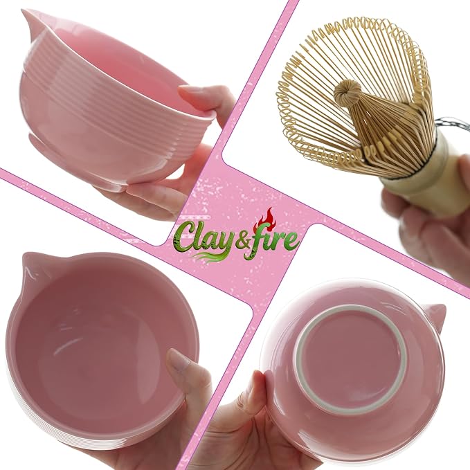 Clay&Fire Matcha Whisk set, 9 pcs Handcrafted Matcha Set for Beginner | Matcha Bowl with Spout and Whisk, Matcha Tea Kit for Matcha Lovers, Ideal Gift for Friend (Light pink)