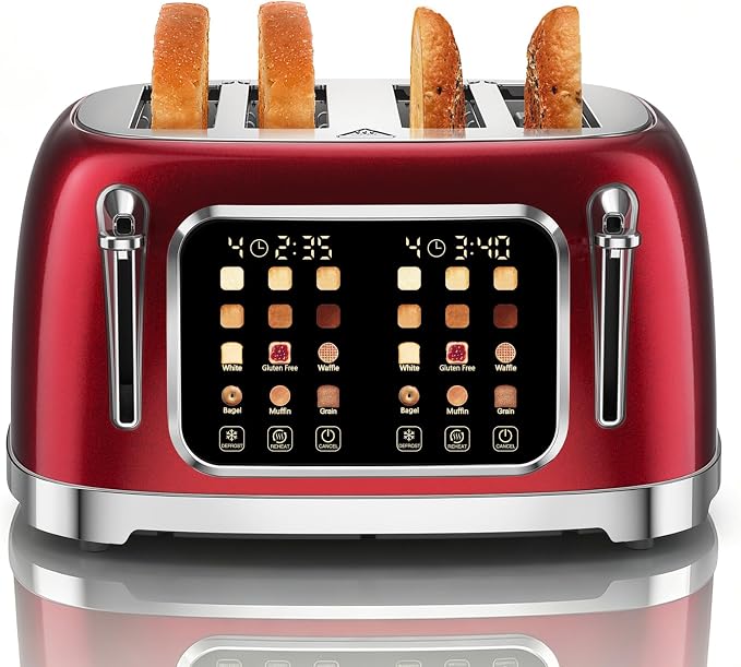 RONGBEST Retro 4 Slice Stainless Steel Toaster with Wide Slot Touch Screen for Family Breakfast, Reheat & Defrost, 6 Browning Levels for Bagel & Bread, Easy Removable Crumb Tray, Red Pearl