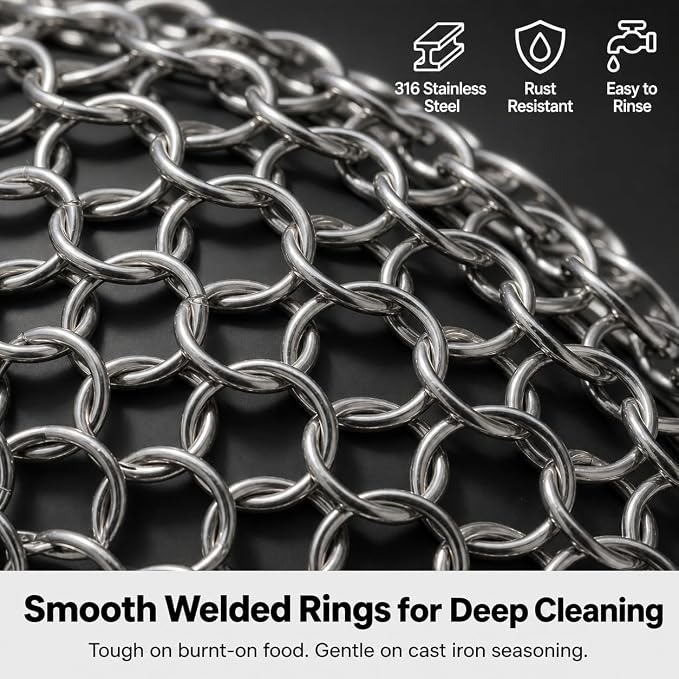Cast Iron Scrubber Chainmail, 316 Stainless Steel Pot Cleaner with Pan Scraper, Heavy Duty Rust Remover for Cast Iron Skillet, Grill, Dutch Oven – Dishwasher Safe, Heat Resistant Kitchen Cleaning Tool