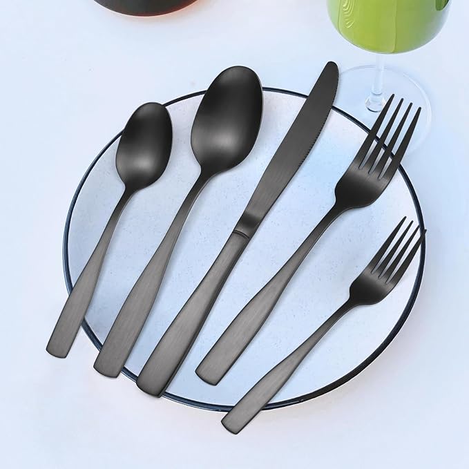 Black Matte Flatware With Square Handle Stainless Steel Cutlery Set for 6 Modern Silverware 30 pieces Knives Forks and Spoons for Home Kitchen Utensils