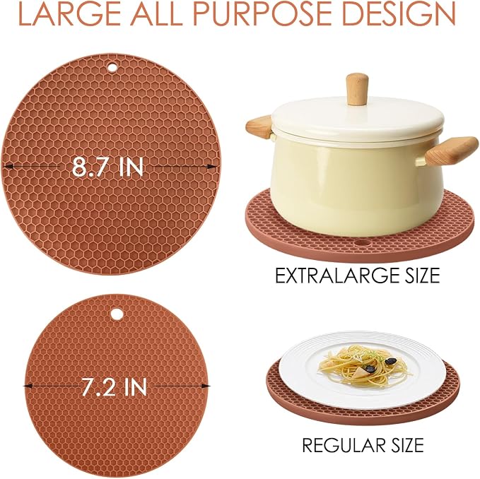 Silicone Trivets for Hot Dishs, 7 Inch & 9 Inch Heat Resistant Silicone Hot Pads Pot Holders for Kitchen Counter, Flexible Round Trivet Mats, Potholders(Coffee)
