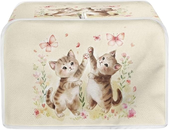 Cat Butterfly Print Toaster Cover For Home Office, Spandex Quilted Toaster Cover 2 Slice Wide Slot Breadmaker Cover Stain And Fingerprint Protection, Beige