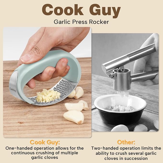 Cook Guy 304 Stainless Steel Garlic Press Rocker Set | Premium Garlic Mincer, Crusher, Peeler, and Scraper Tool for Effortless Mincing - Comfortable Grip Garlic Grinder (Green)