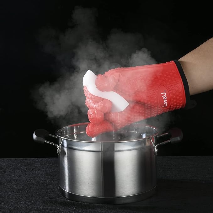 Silicone Oven Mitts Gloves - Heat Resistant, Non-Slip for BBQ, Grilling | 450°F Double-Layer｜Waterproof Kitchen Cooking Barbecue Mittens ｜5 Finger Hot Mitt for Baking, Smoker& Cast Iron(Small)