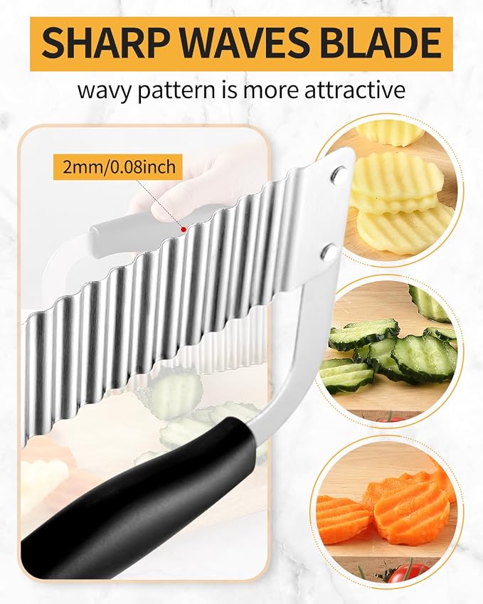 Crinkle Cutter Stainless Steel Potato Slicer Wavy Chopping Black Veggies | Comfortable Black Handle Sharp and Deep Waves Crinkle Cutting Chip for Carrot Zucchini Pickled Cucumber Dishwasher Safety
