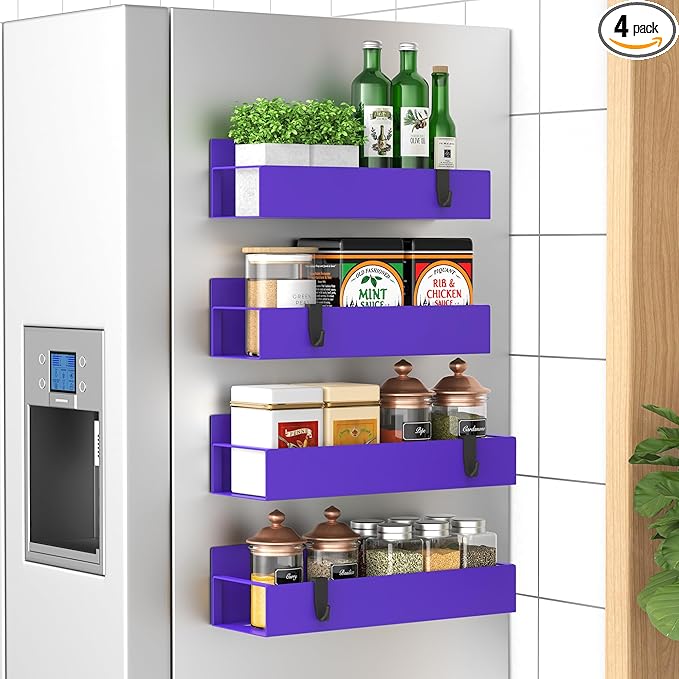 4 Pack Magnetic Spice Storage Rack Organizer for Refrigerator and Oven, Purple Fridge Organizers and Storage | Magnetic Shelves Heavy Duty for Fridge in Kitchen, Seasoning Storage Organizer, For Oven Washer and Dryer, For Heavier Items