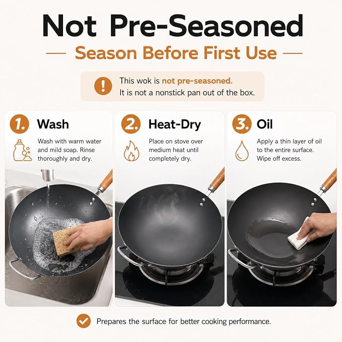WANGYUANJI 12.6 Inch Carbon Steel Wok with Lid, Flat Bottom Wok Pan for Induction, Electric and Gas Stoves, Uncoated Chinese Stir Fry Pan with Wooden Handle
