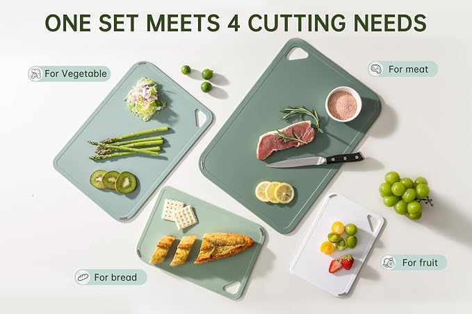 Plastic Cutting Board Set, Extra Large Cutting Board for Kitchen | Upgarded Set of 4, Non-Slip with Grip Handle, Large -Small Chopping Board for Cooking, Bpa Free, Dishwasher Safe, Sage Green